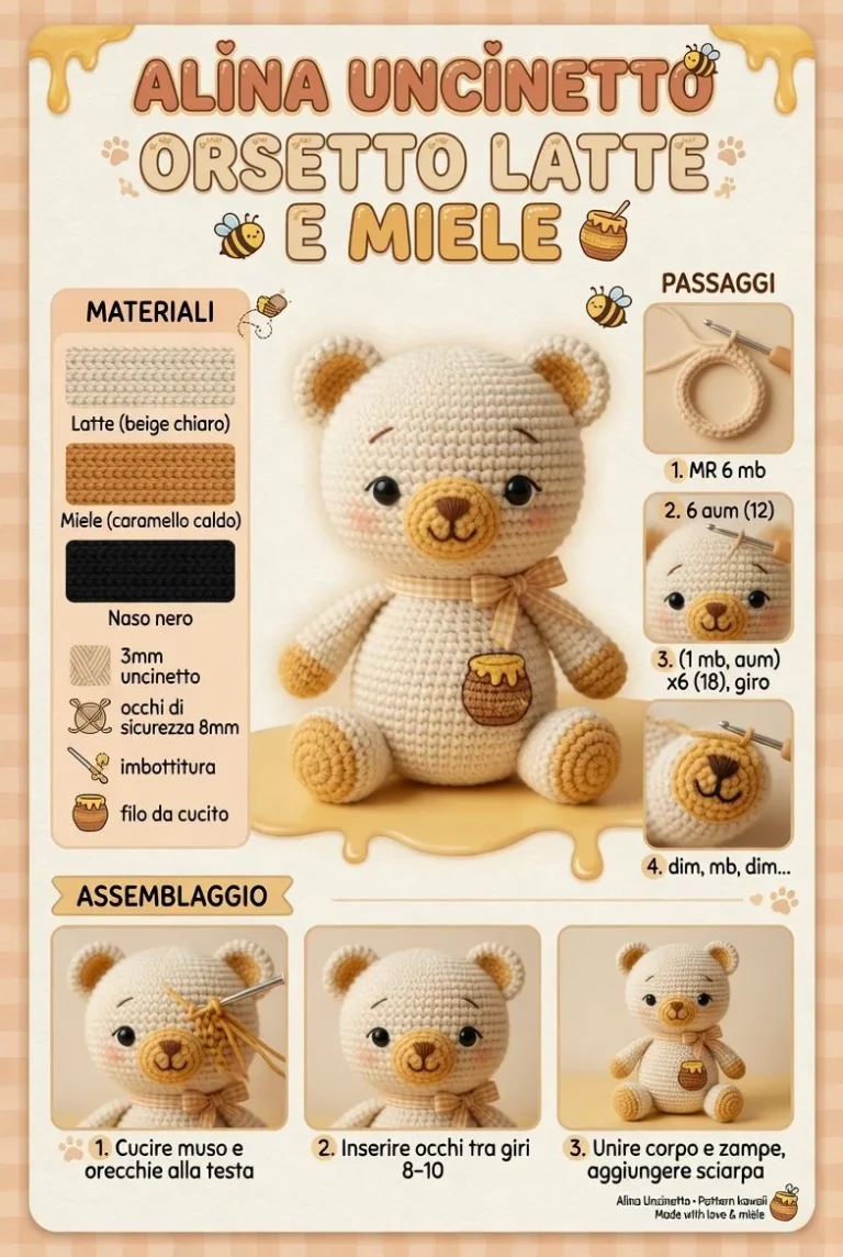 Orsetto Amigurumi Latte e Miele realizzato all'uncinetto