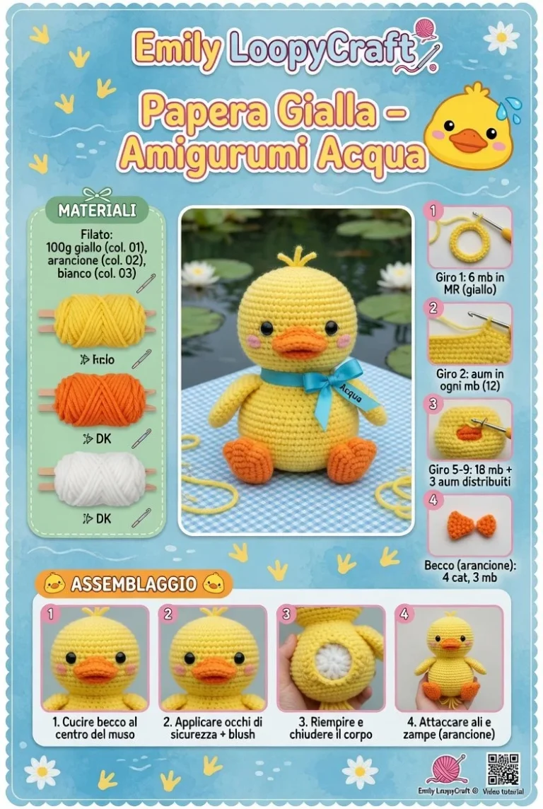 Papera Gialla in Amigurumi Acqua, un'élégante creazione all'uncinetto colorata.