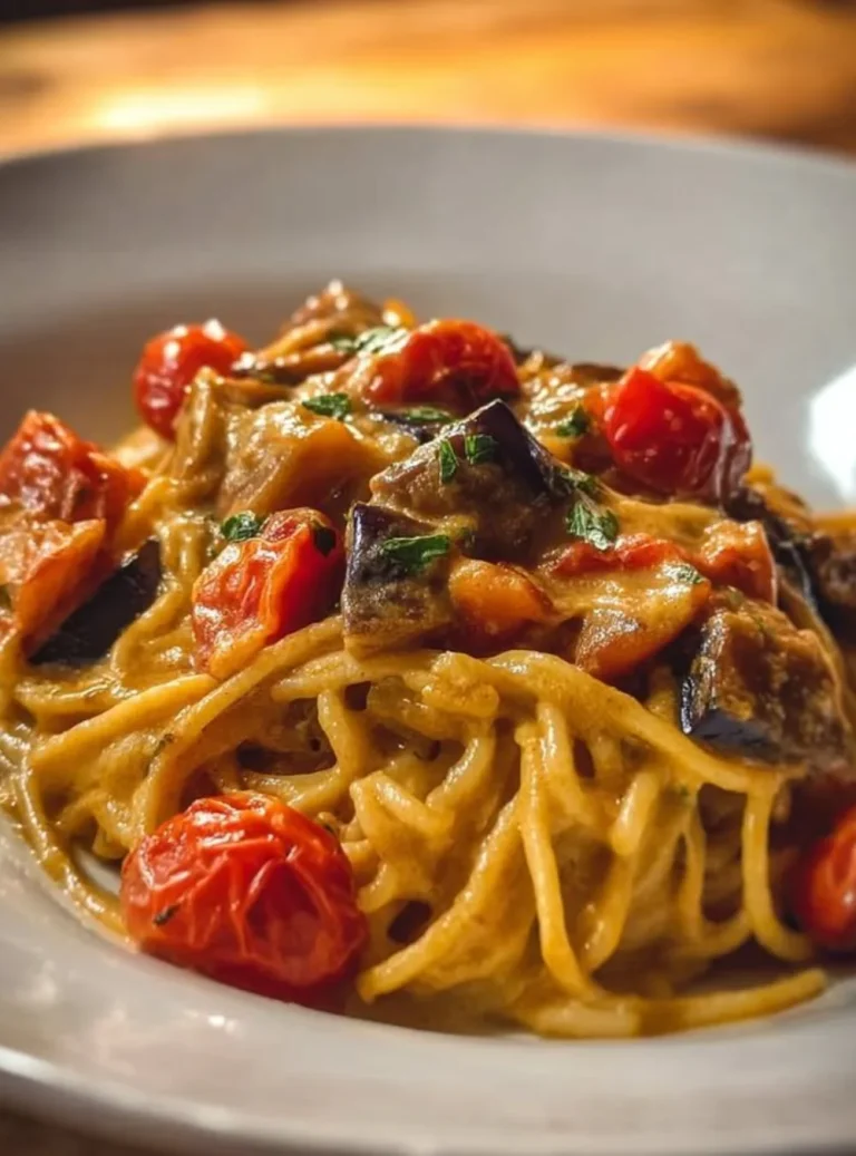Pasta alle Melanzane cremosa con ingredienti freschi e gustosi