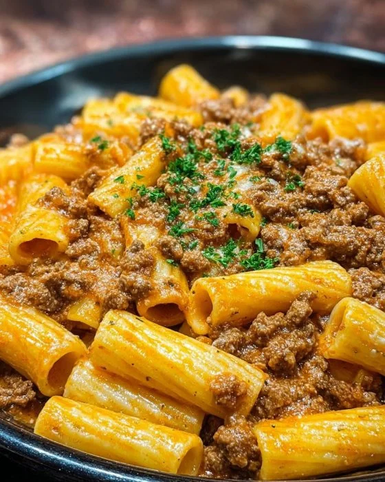 Pasta Cremosa con Carne all'Aglio servita in un piatto bianco