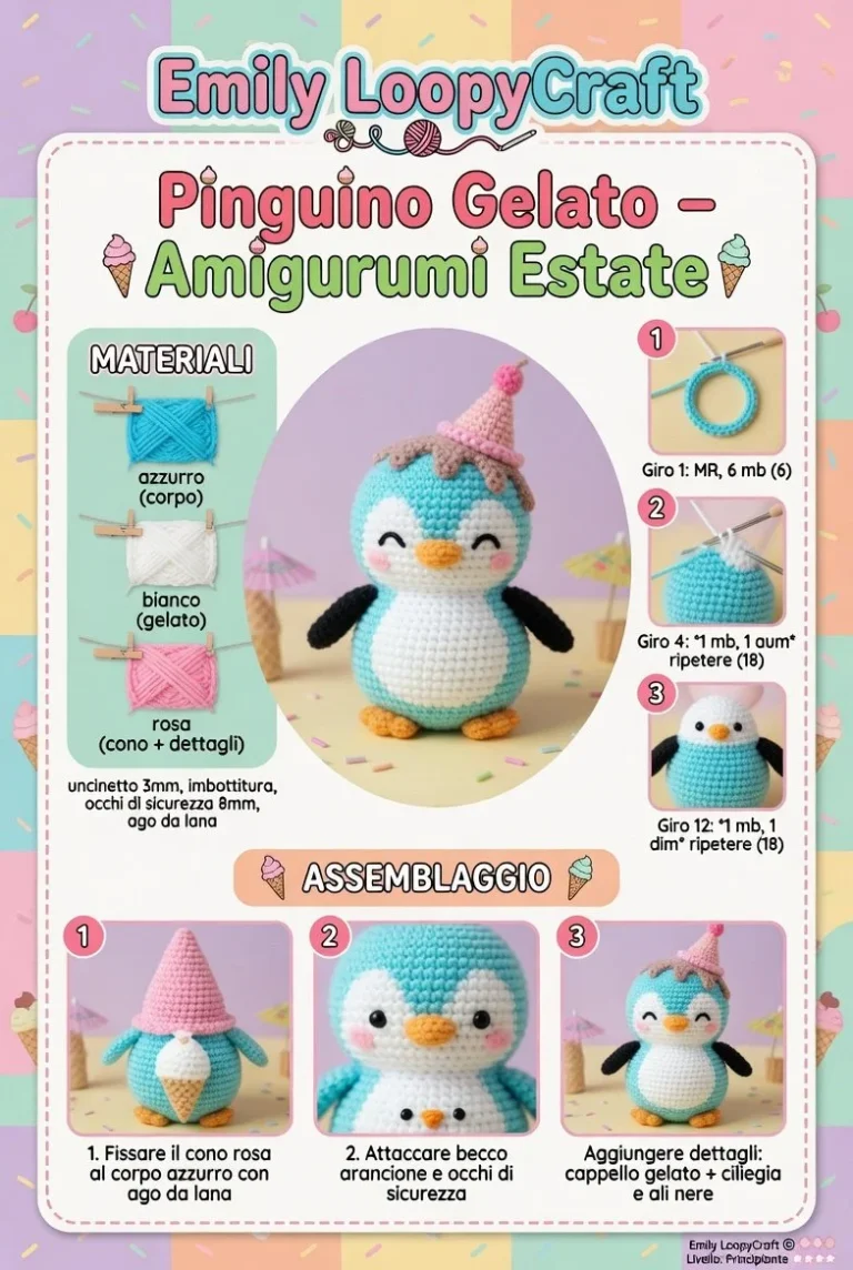 Amigurumi Pinguino Gelato colorato in un ambiente estivo