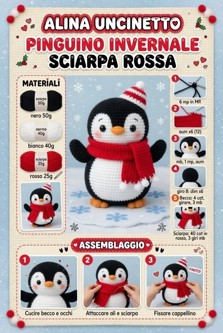 Pinguino Amigurumi Invernale con sciarpa rossa, decorazione invernale