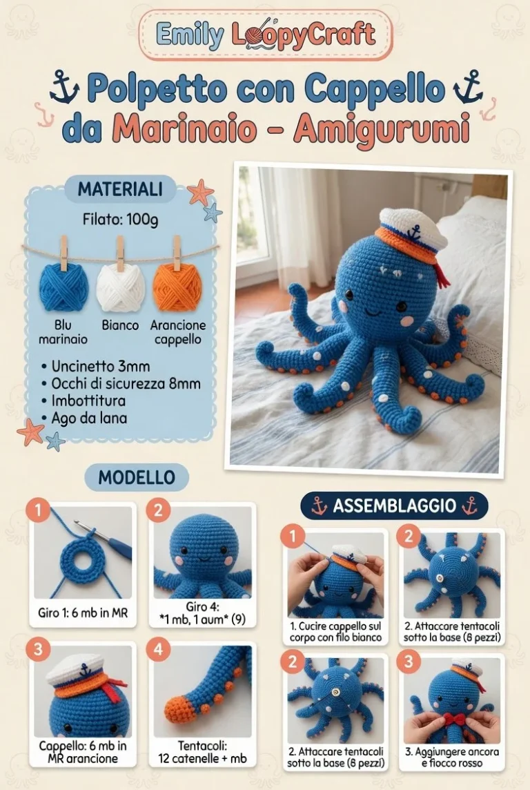 Polpetto Amigurumi con Cappello da Marinaio in cotone colorato