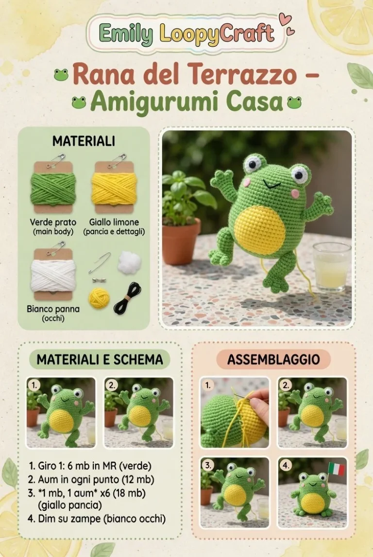Amigurumi Rana Saltellante di colore verde, perfetta per decorare e giocare.