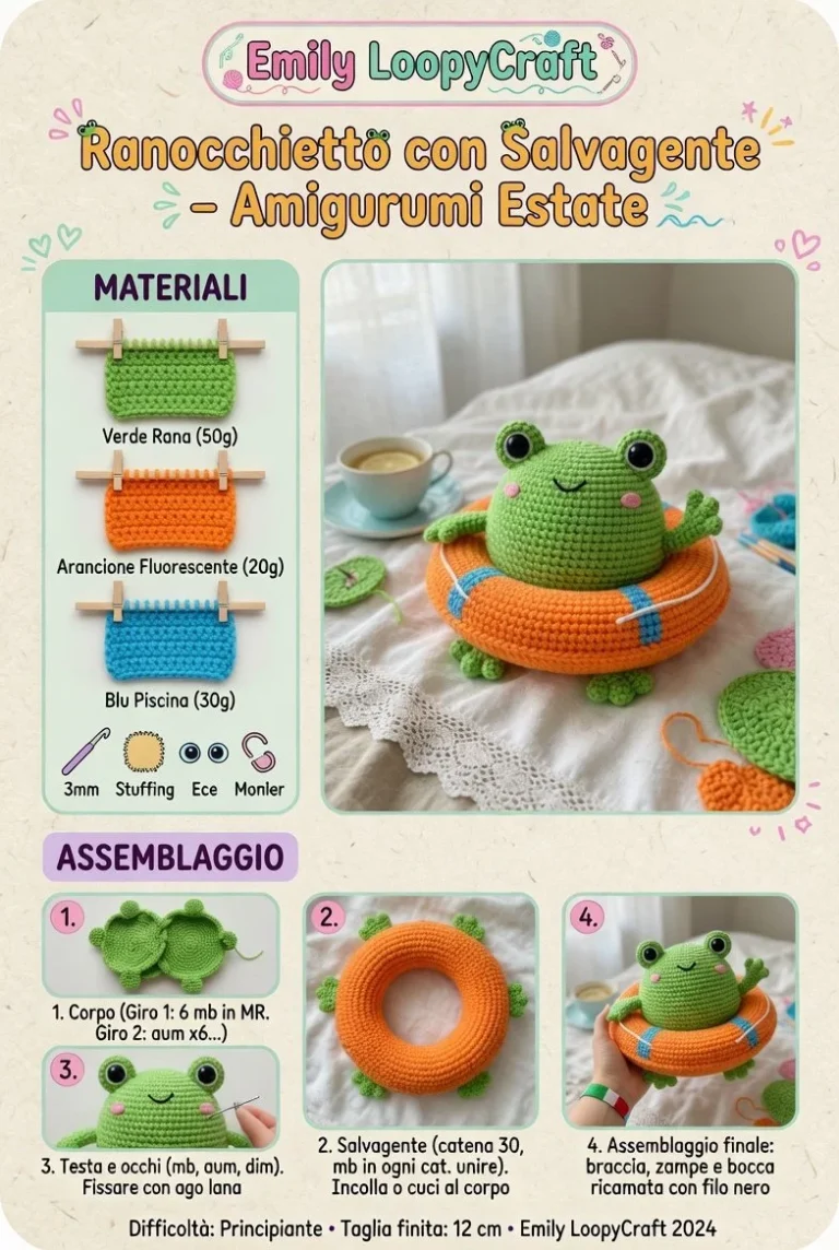 Ranocchietto amigurumi con salvagente, perfetto per l'estate.