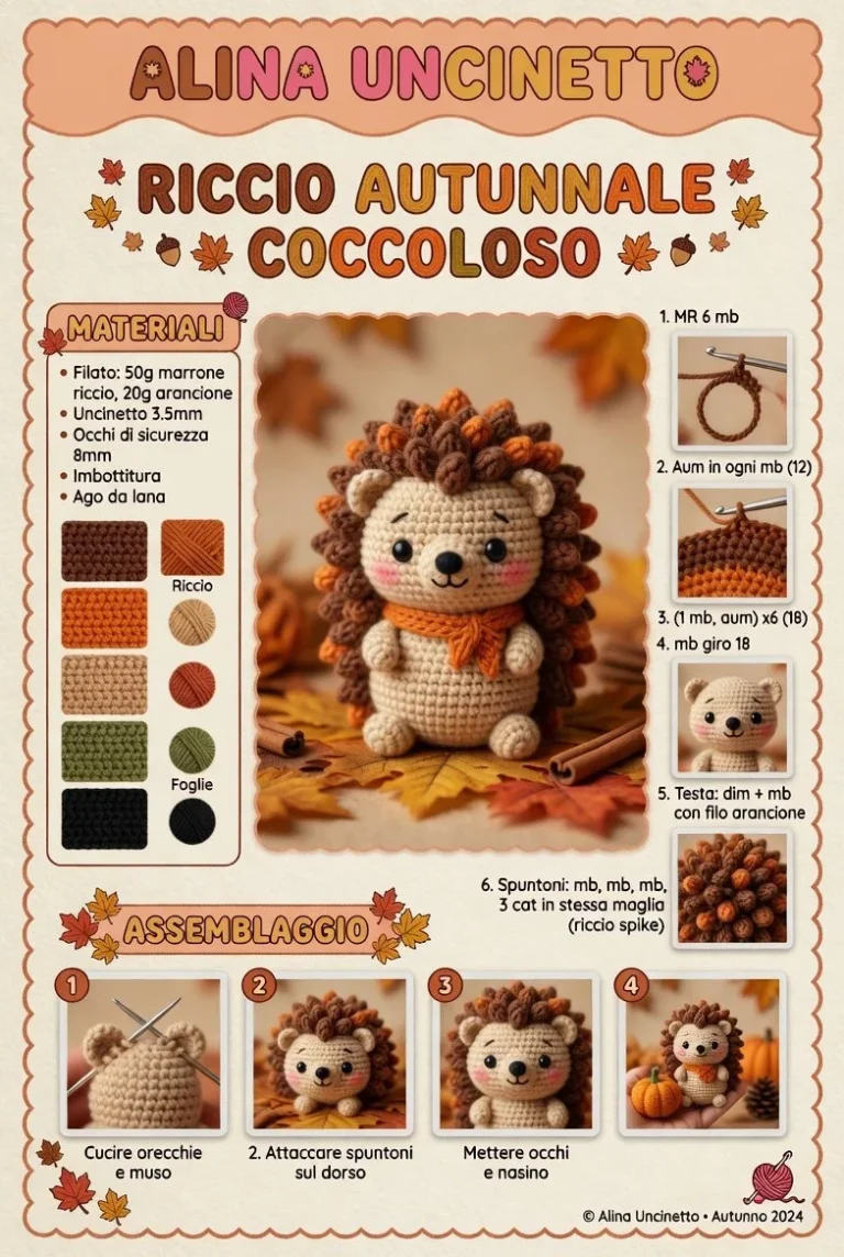 Riccio Amigurumi Autunnale Coccoloso in lana lavorata a maglia, decorazione autunnale.