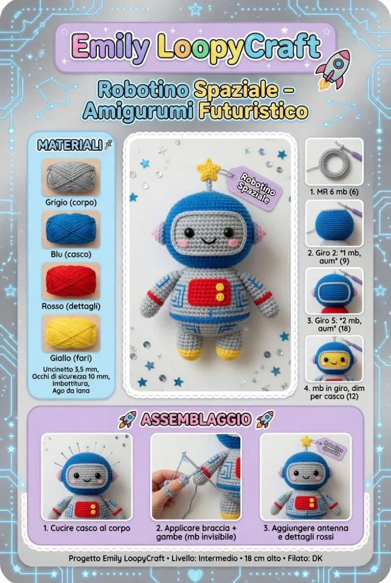 Robotino Spaziale, amigurumi futuristico in varie sfumature