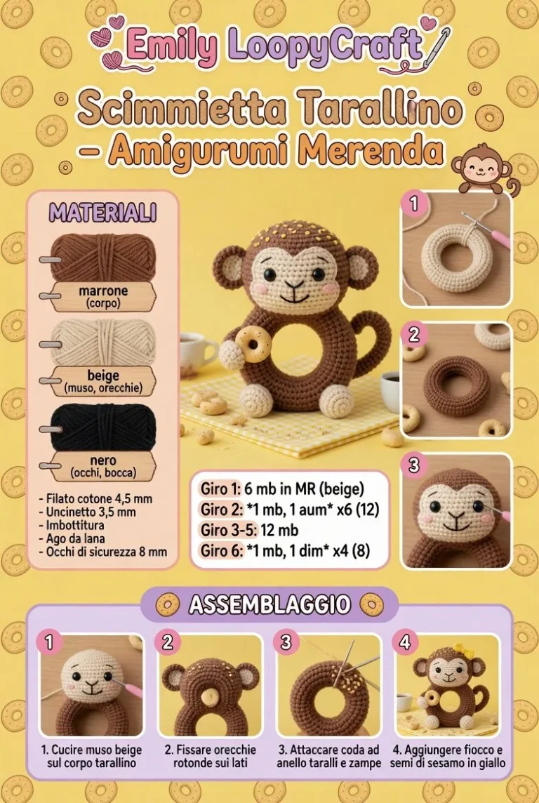 Scimmietta Tarallino Amigurumi Merenda realizzata all'uncinetto.