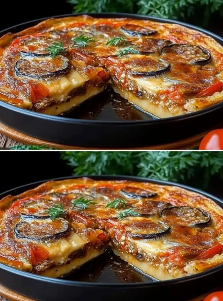 Sformato di melanzane servito con mozzarella e basilico fresco