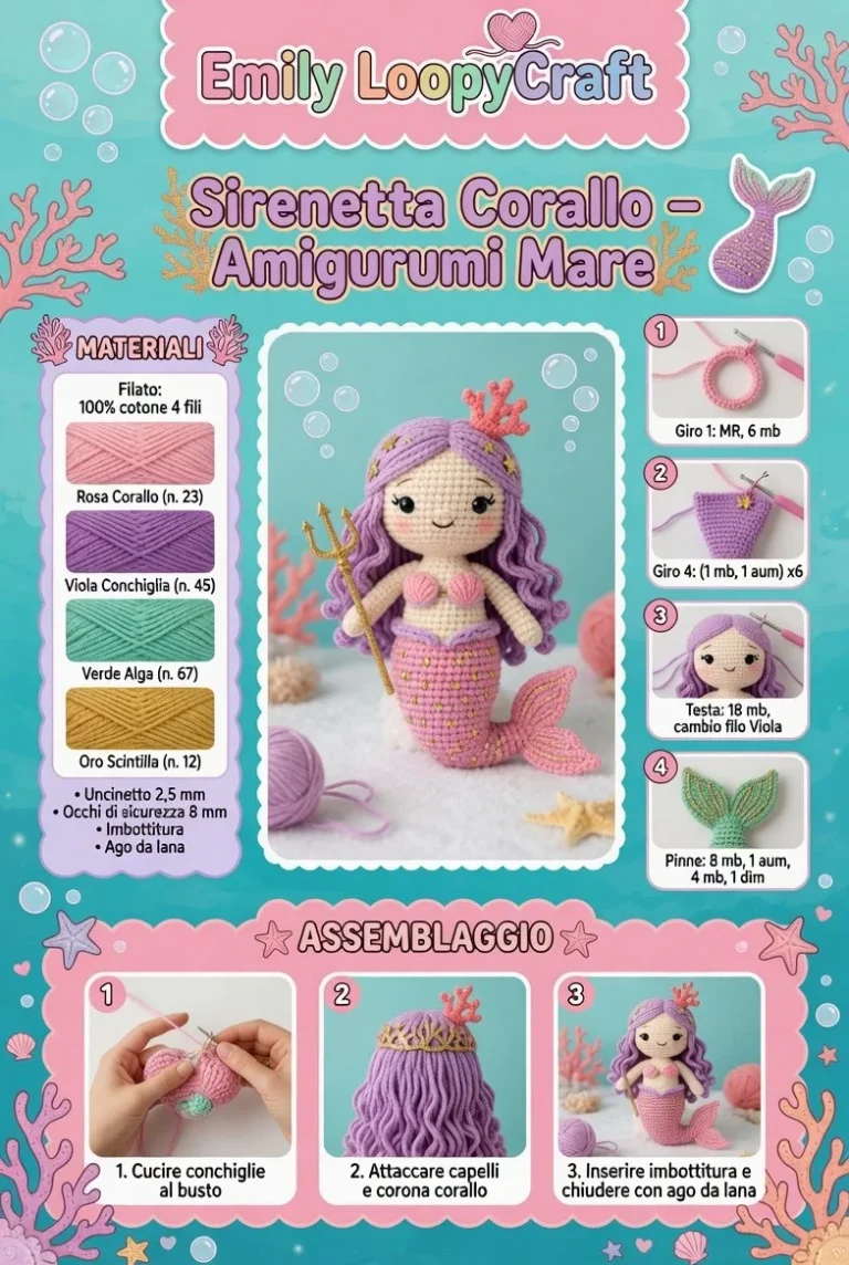 Amigurumi mare Sirenetta Corallo, giocattolo artigianale colorato e creativo.