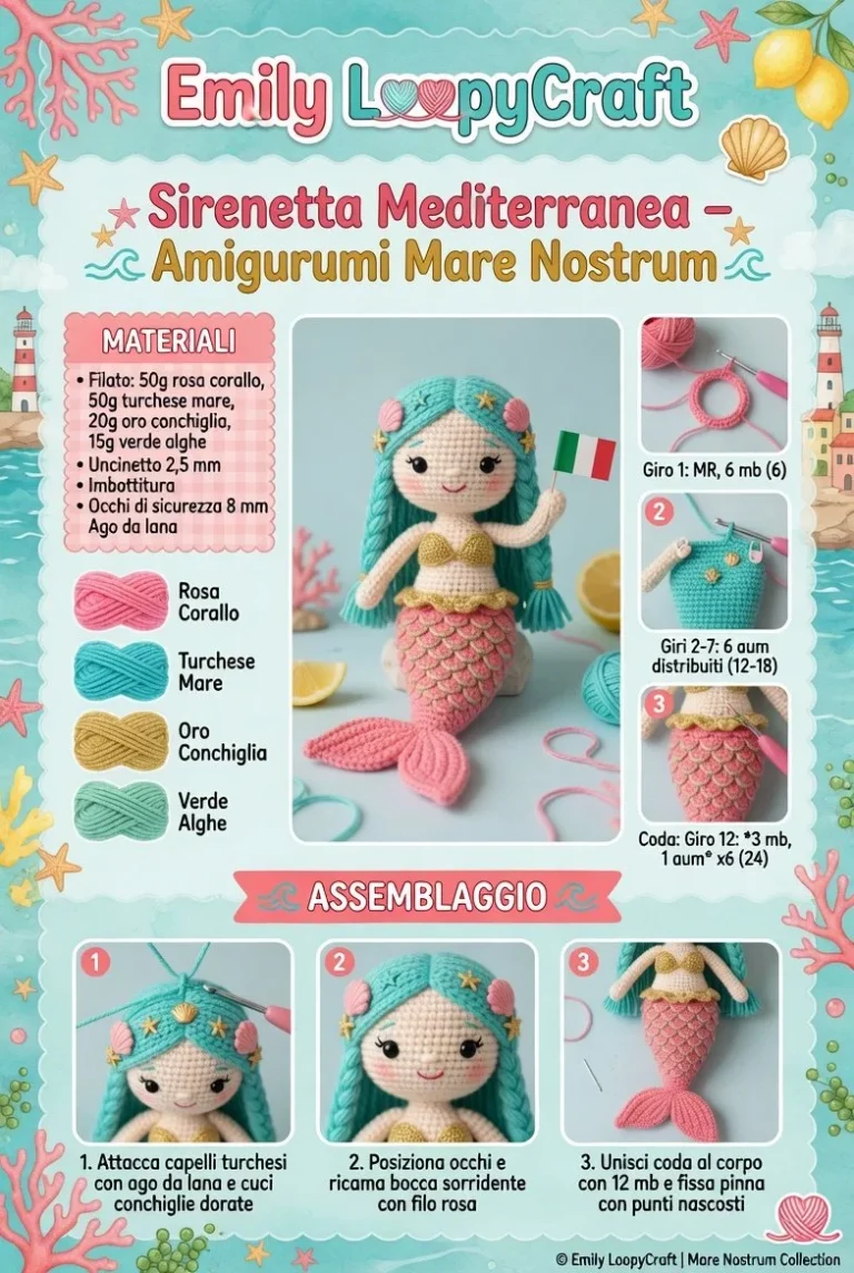Sirenetta Mediterranea in Amigurumi Mare Nostrum, decorazione artigianale colorata.