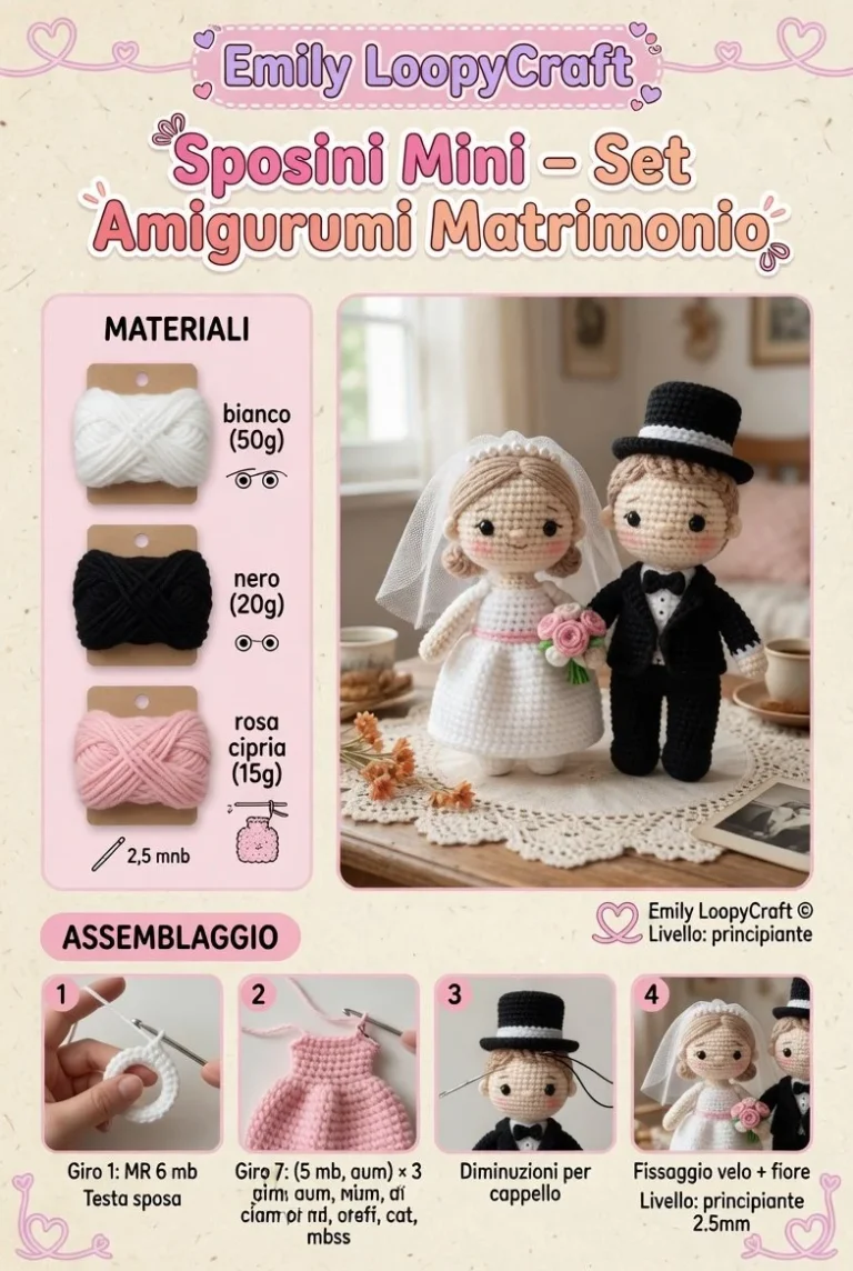 Set Amigurumi Matrimonio Sposini Mini, statuette di sposi in lana