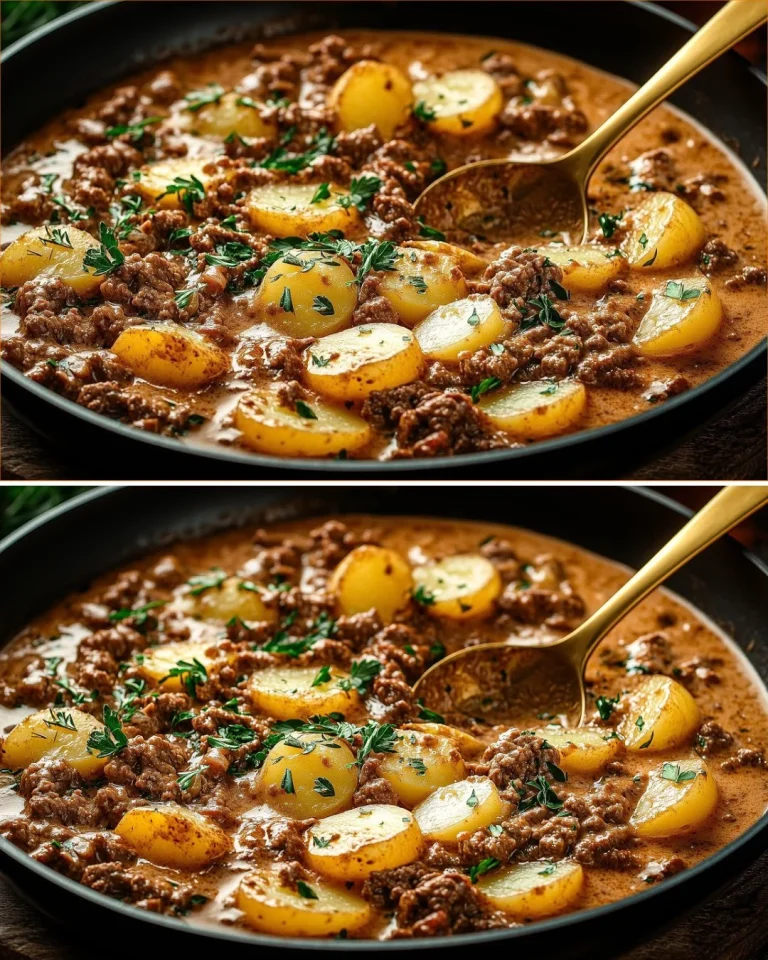 Stroganoff di Manzo Macinato e Patate servito in un piatto bianco