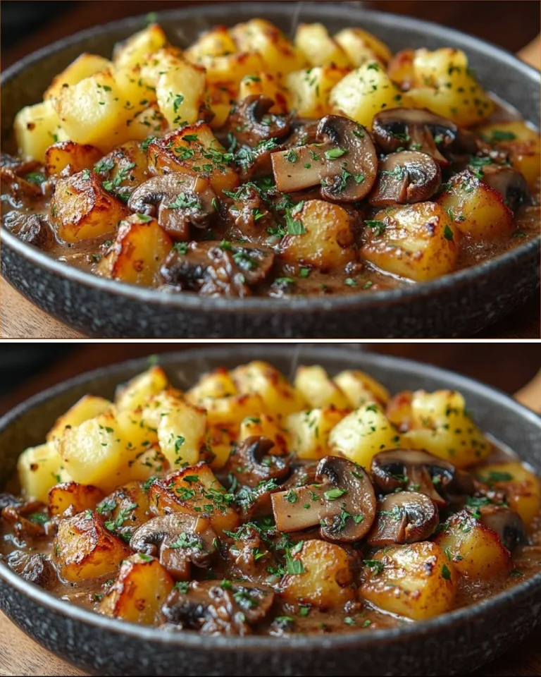 Piatto di stufato di funghi e patate servito con erbe fresche.