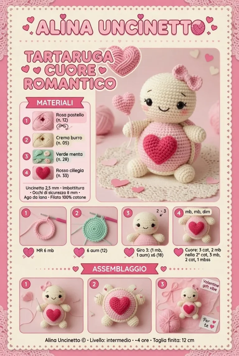 Tartaruga amigurumi con cuore romantico fatta a mano