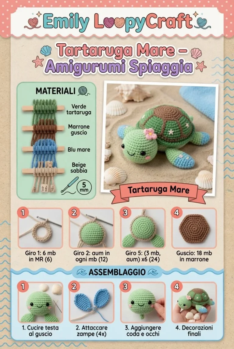 Tartaruga mare in amigurumi su una spiaggia di sabbia