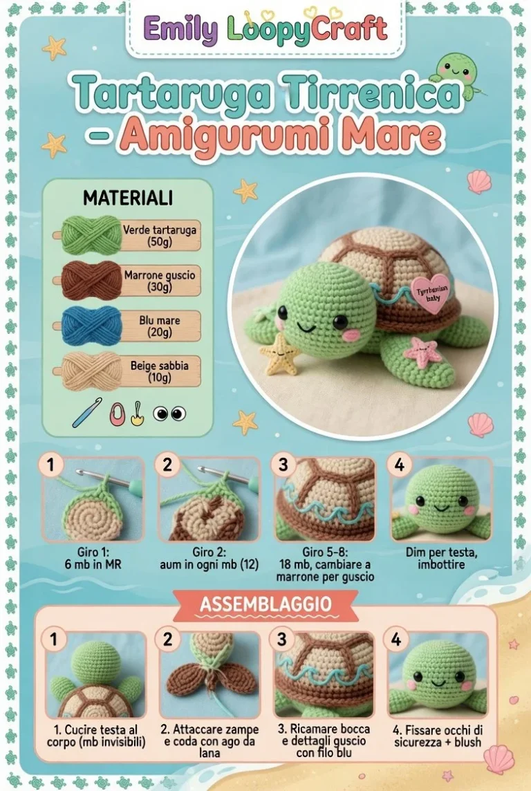 Tartaruga Tirrenica amigurumi in stile marino, colorata e fatta a mano.