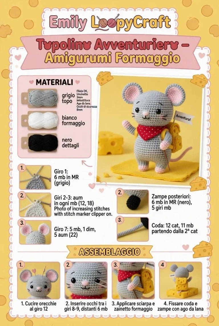 Topolino Avventuriero in amigurumi formaggio fatto a mano