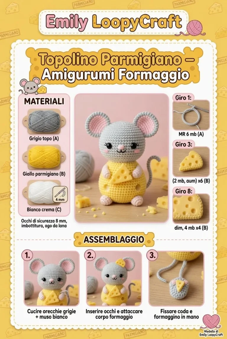 Topolino Parmigiano Amigurumi in crochet, un mini formaggio divertente e artigianale