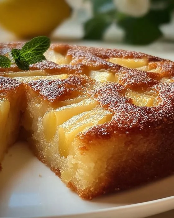 Torta di mele al limoncello decorata con fette di limone e mele fresche.