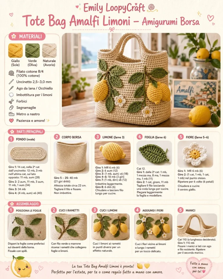 Tote Bag Amalfi Limoni in amigurumi, borsa colorata e stilosa.