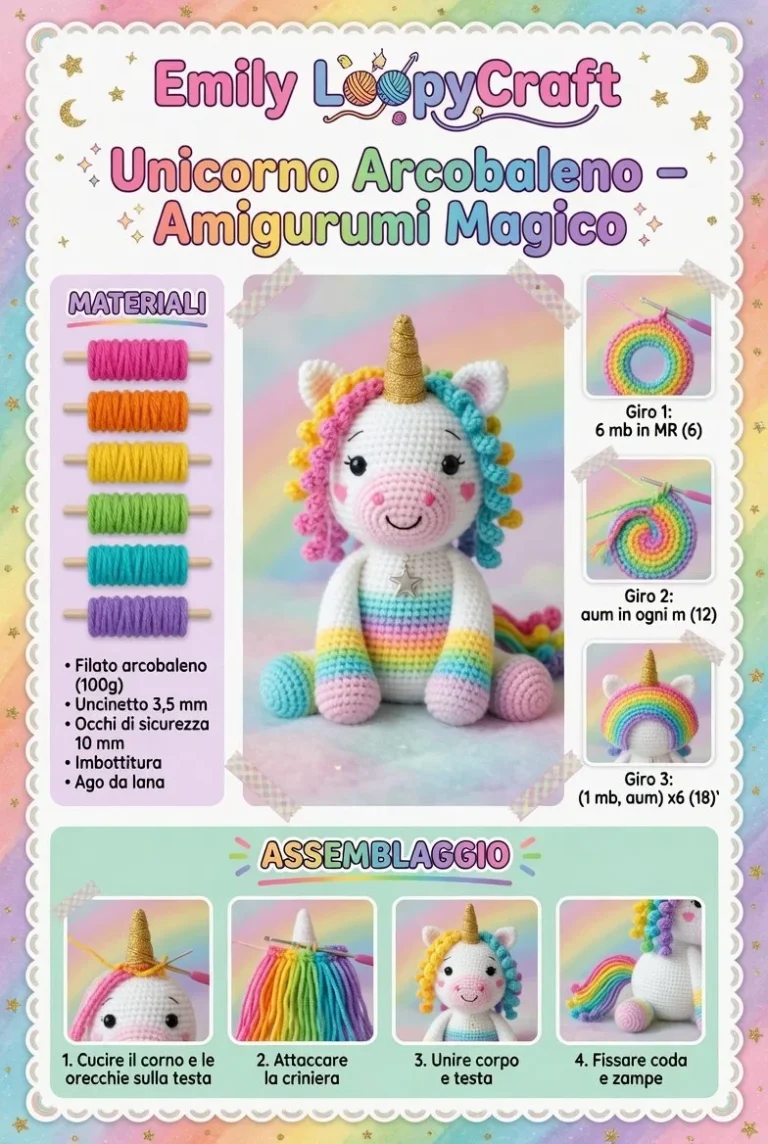 Unicorno Arcobaleno Amigurumi Magico realizzato a mano in colori vivaci.