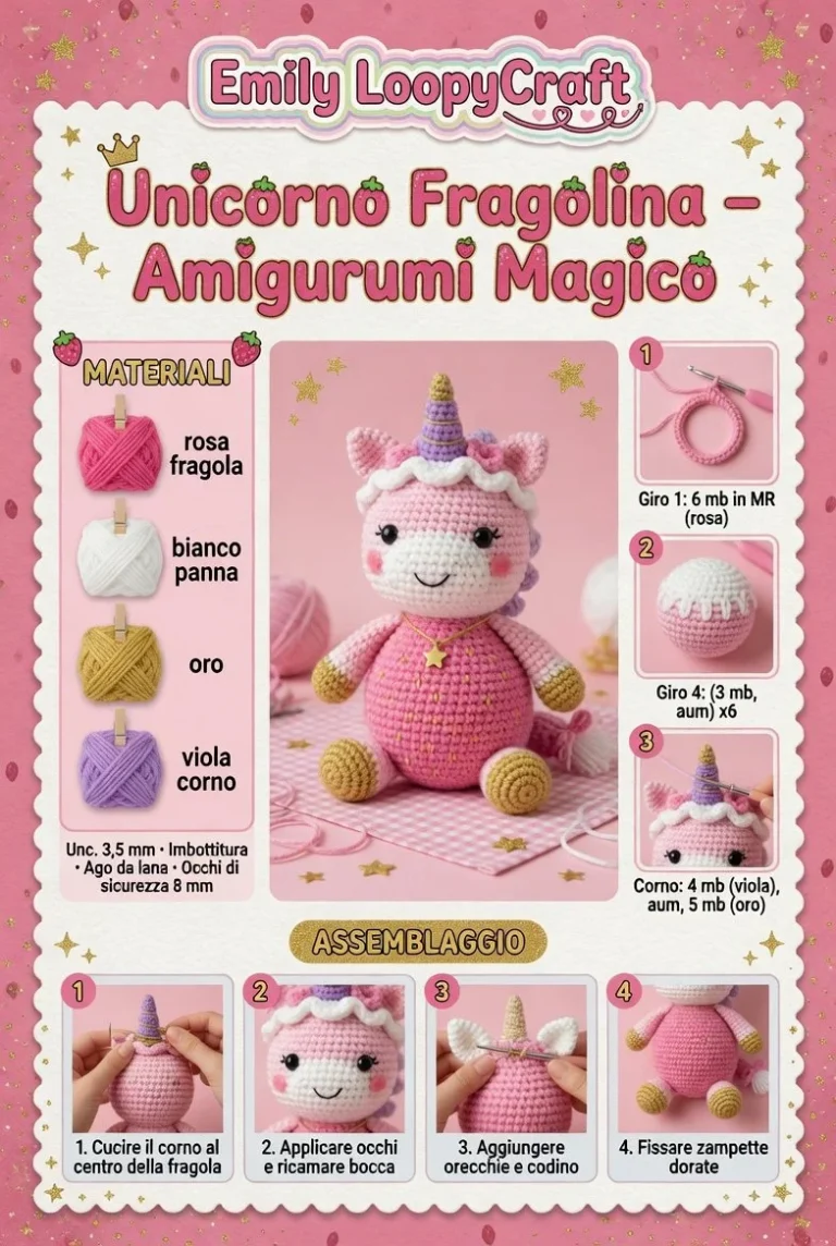 Unicorno Fragolina amigurumi colorato e magico per collezionisti