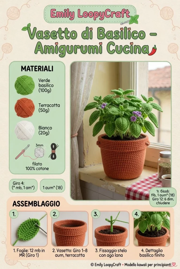 Vasetto di basilico in amigurumi, decorazione creativa per la cucina.