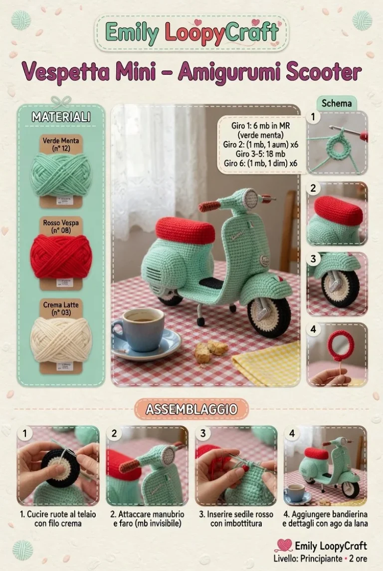 Amigurumi scooter Vespetta Mini fatto a mano in colori vivaci