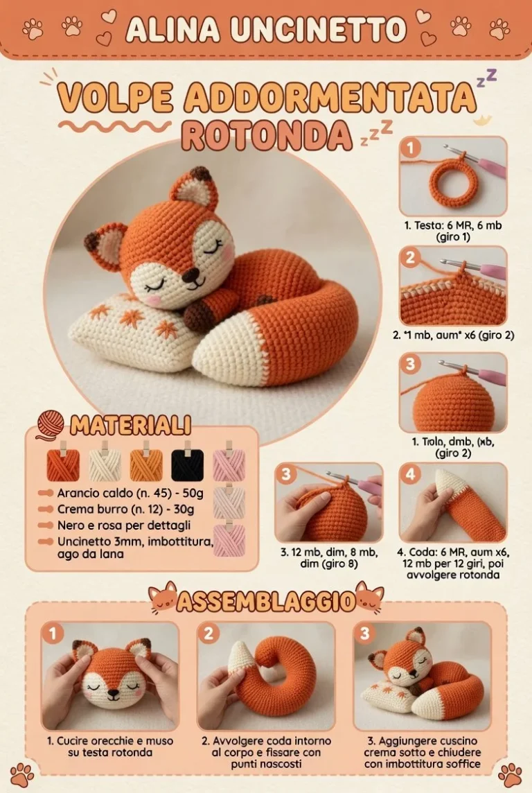 Volpe Amigurumi dormiente, morbido giocattolo rotondo in tessuto