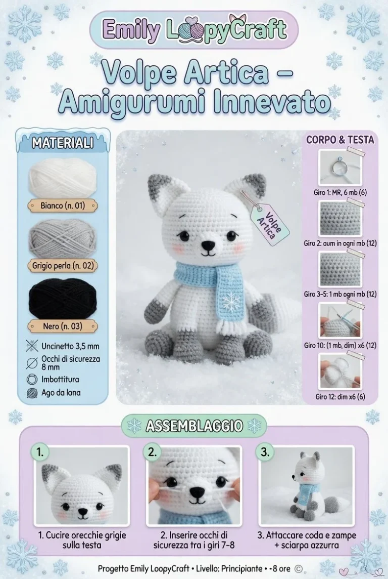 Volpe Artica in Amigurumi Innevato realizzata con tecniche di crochet