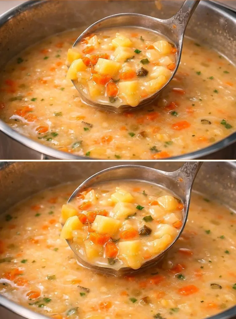 Zuppa cremosa di patate con cetriolo servita in una ciotola.