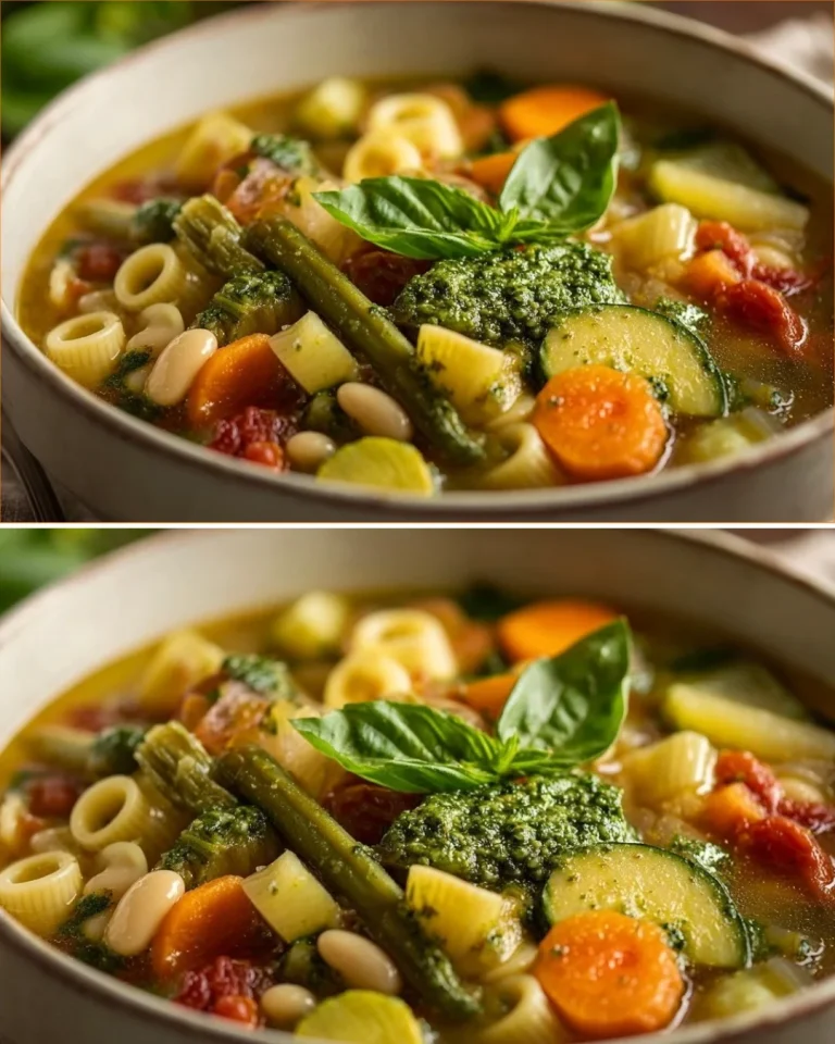 Zuppa genovese di verdure fresca e salutare servita in una ciotola.