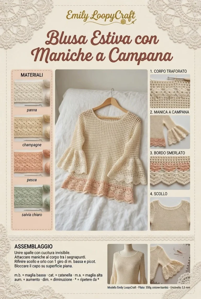 Blusa estiva all'uncinetto con maniche a campana in un design elegante