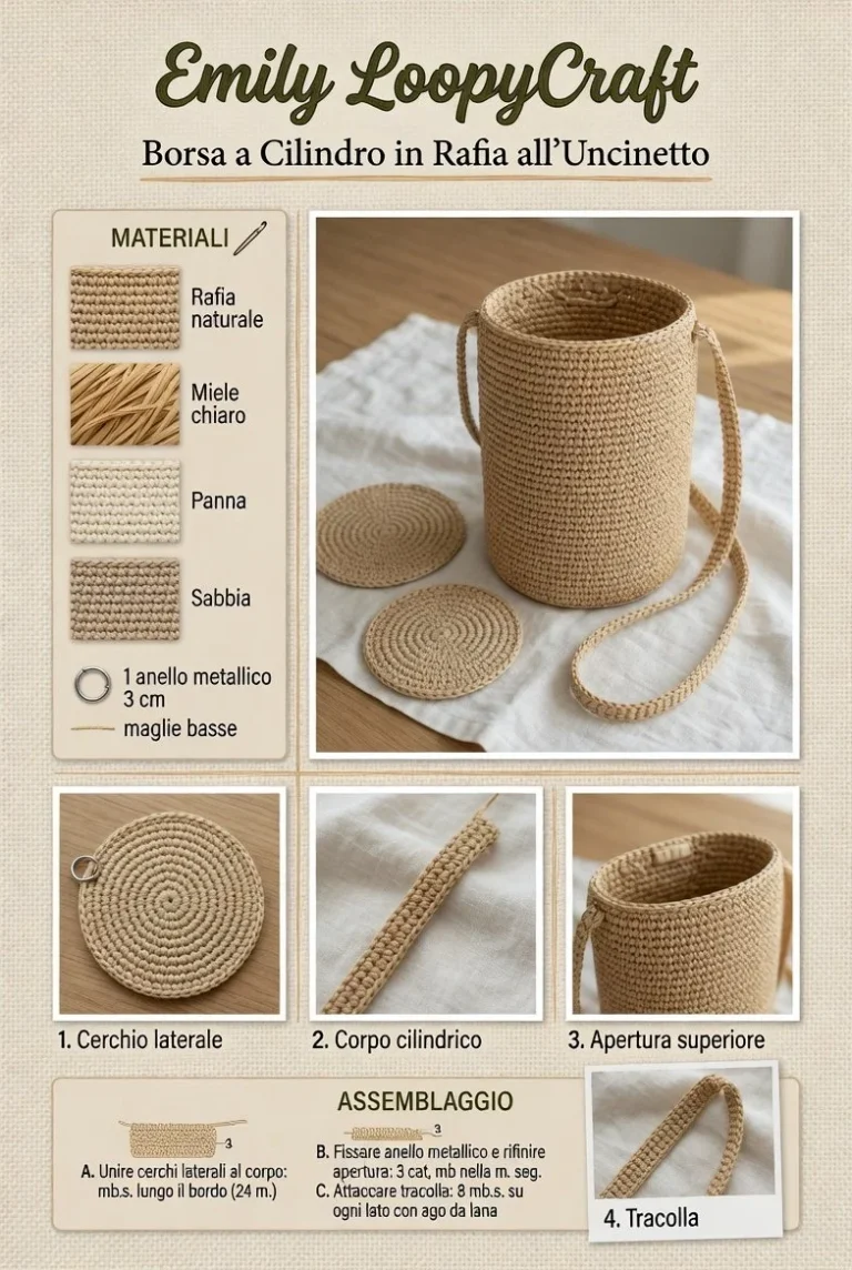Borsa cilindro in rafia all'uncinetto modello estivo, elegante e pratica.