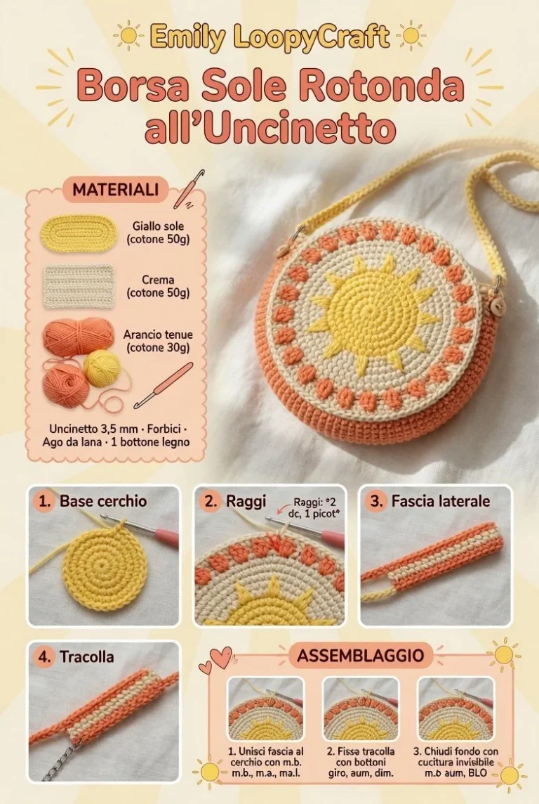Borsa uncinetto a forma di sole rotonda con raggi decorativi