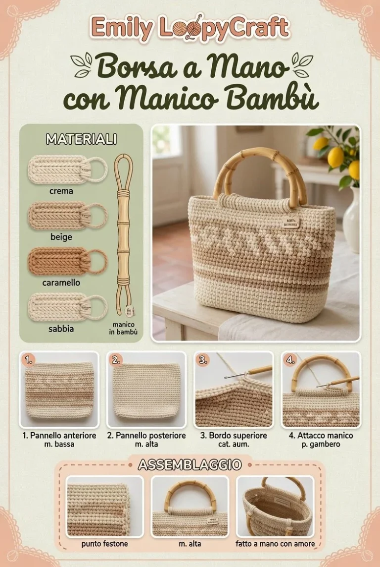Borsa uncinetto a mano con manico in bambù, modello estivo elegante e pratico.