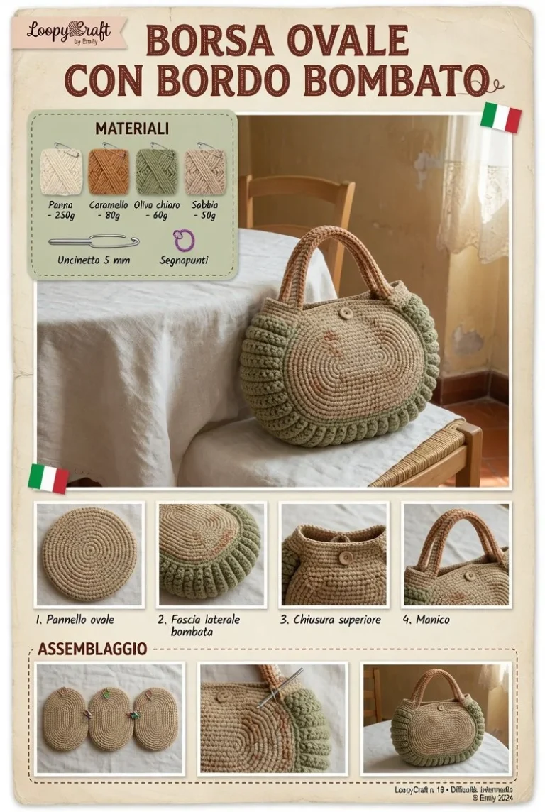 Borsa uncinetto a spalla ovale con bordo bombato e design elegante