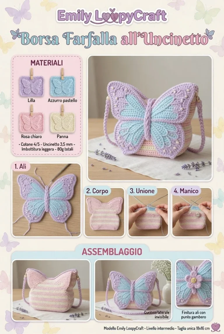 Borsa uncinetto a forma di farfalla in colori pastello per l'estate