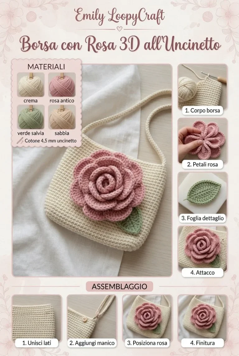 Borsa all’uncinetto con rosa 3D, modello romantico per l'estate.