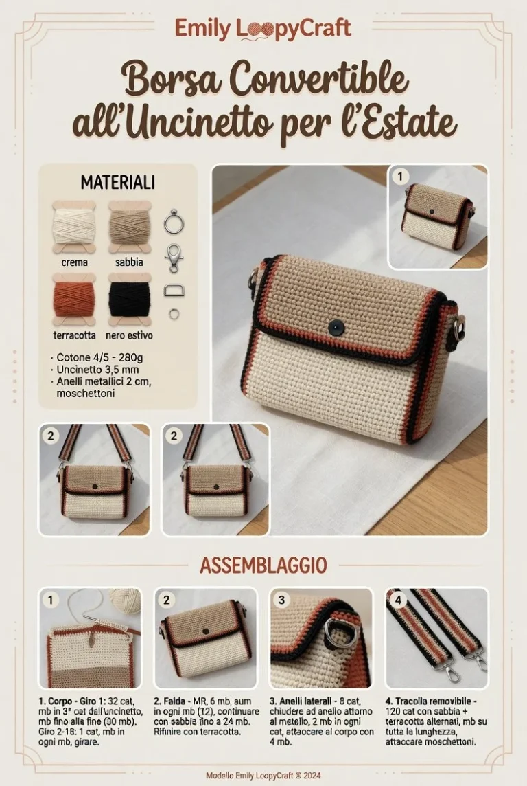 Borsa uncinetto estiva convertibile in clutch e tracolla crossbody