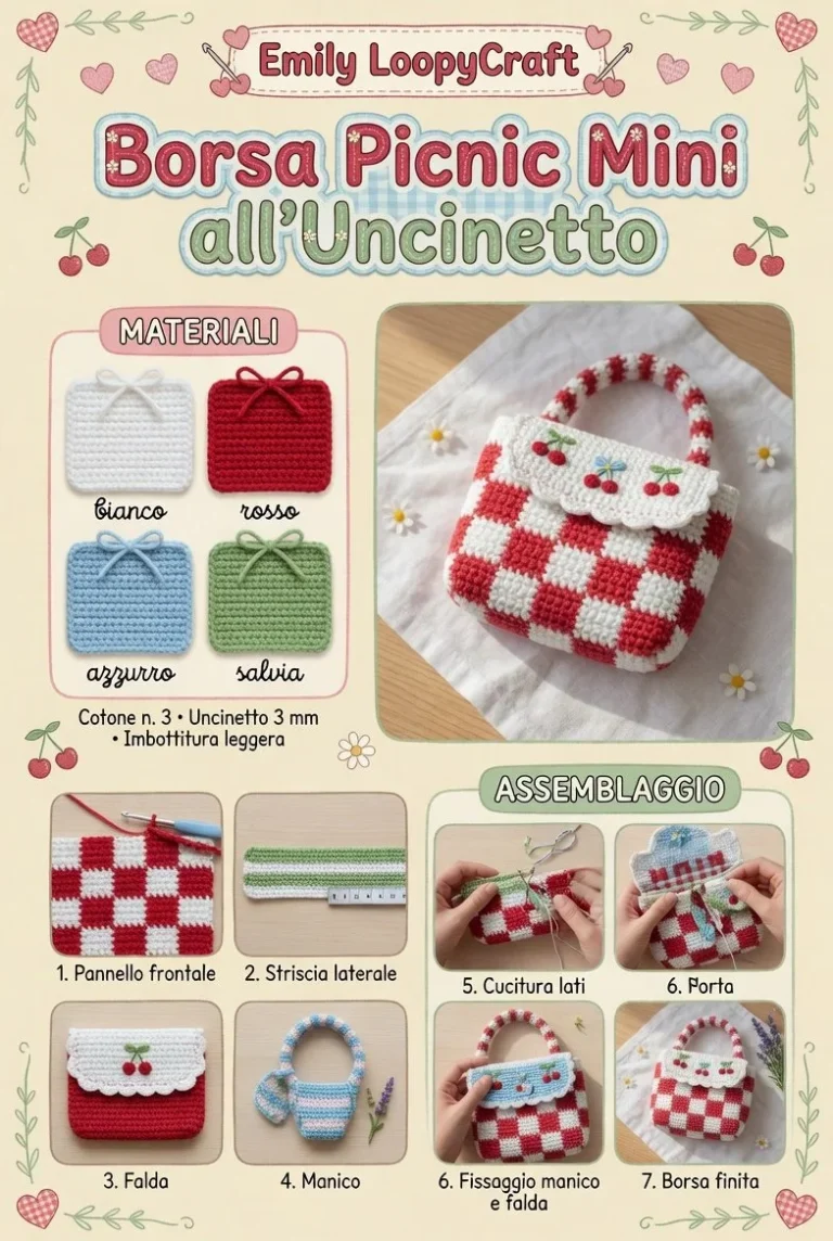 Borsa da picnic mini all'uncinetto con motivo Vichy per picnic eleganti e pratici