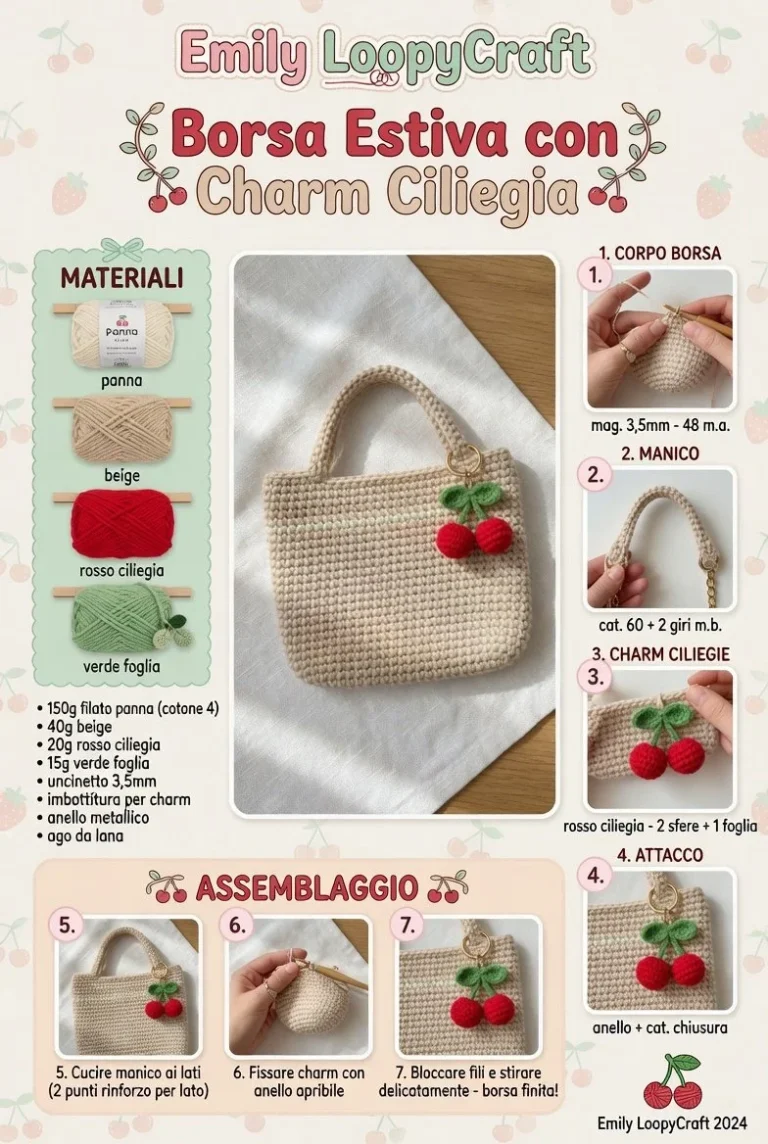 Borsa uncinetto estiva con charm ciliegia - guida crochet facile