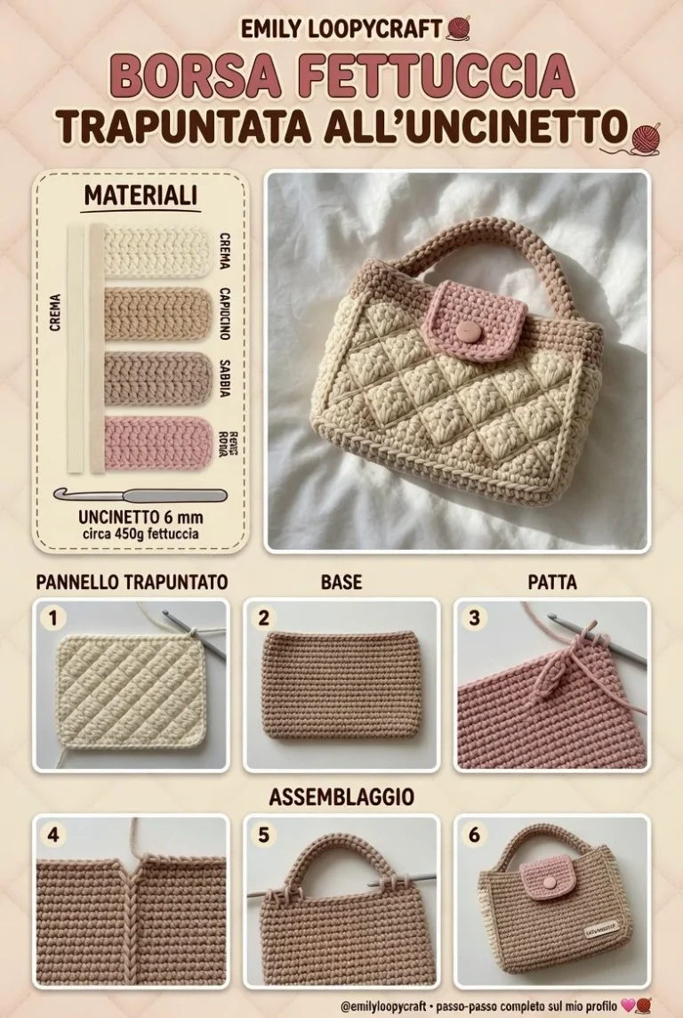 Borsa uncinetto in fettuccia trapuntata con design moderno