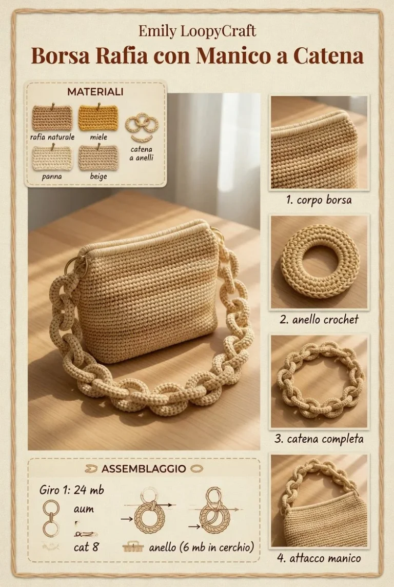 Borsa in rafia crochet elegante con manico a catena