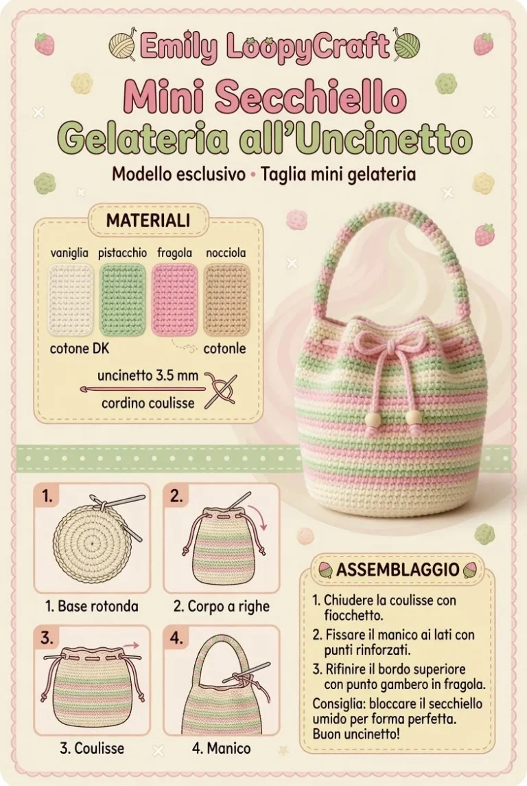 Borsa mini secchiello all'uncinetto in stile gelateria realizzata a mano.