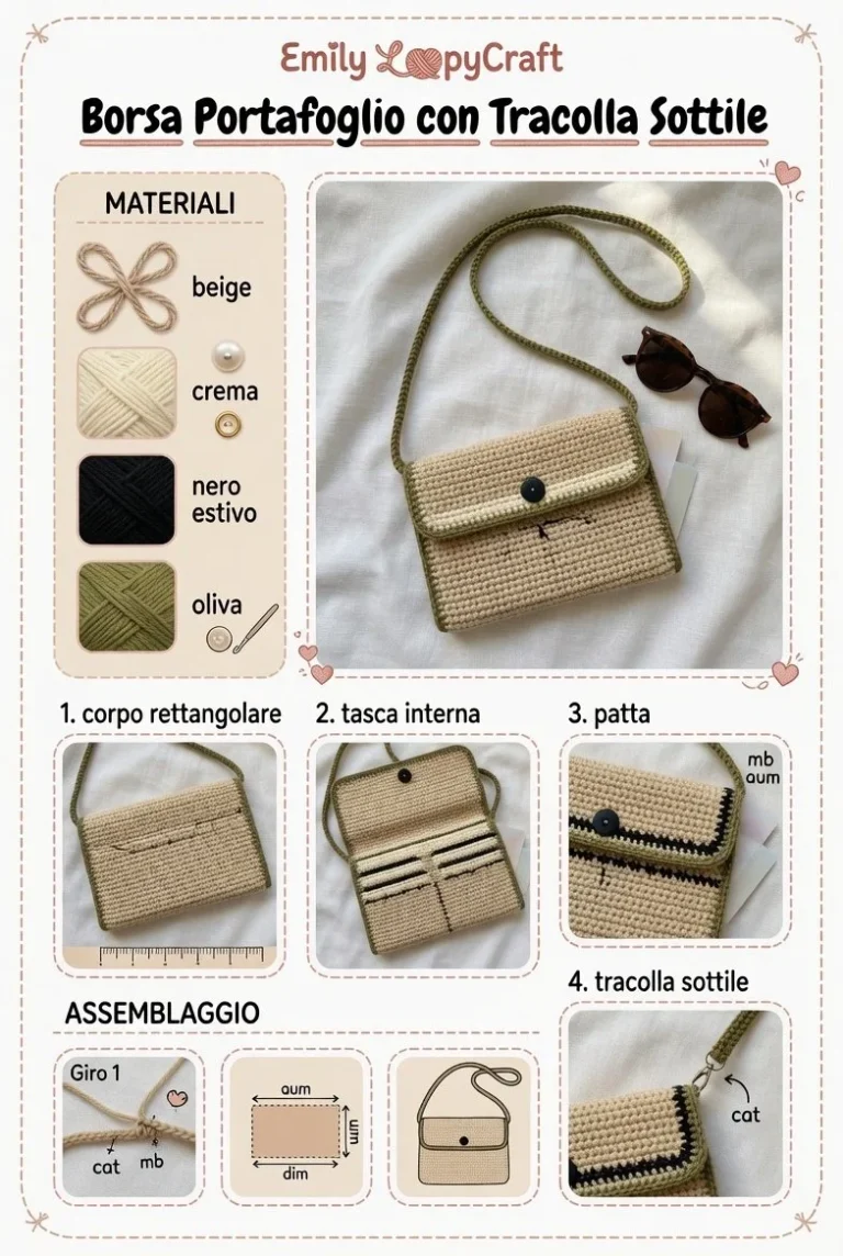 Borsa portafoglio all'uncinetto con tracolla sottile, progetto facile e pratico