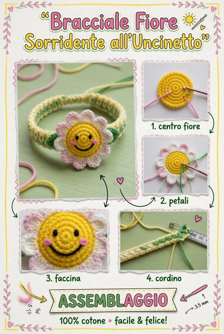 Bracciale all'uncinetto con fiore sorridente in stile kawaii
