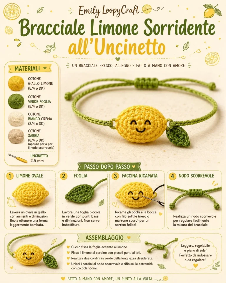 Bracciale uncinetto con motivo limone sorridente, gioiello estivo fai da te