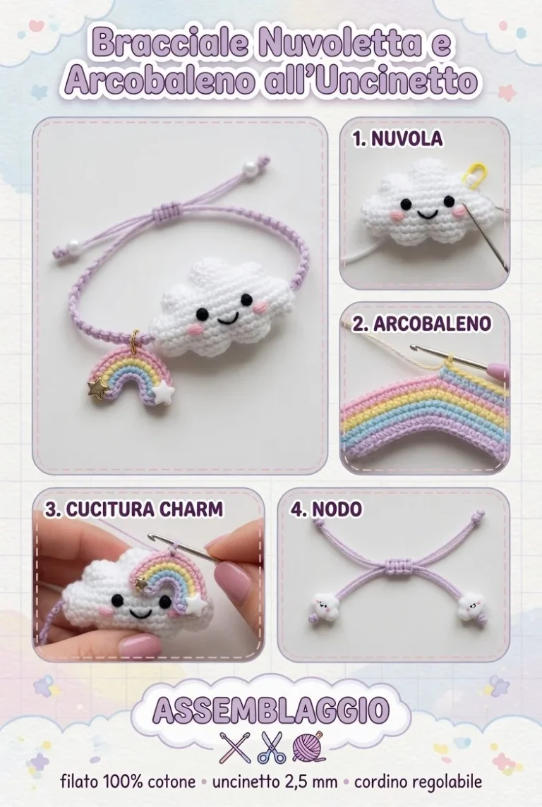 Bracciale all’uncinetto colorato con Nuvoletta e Arcobaleno, progetto crochet facile